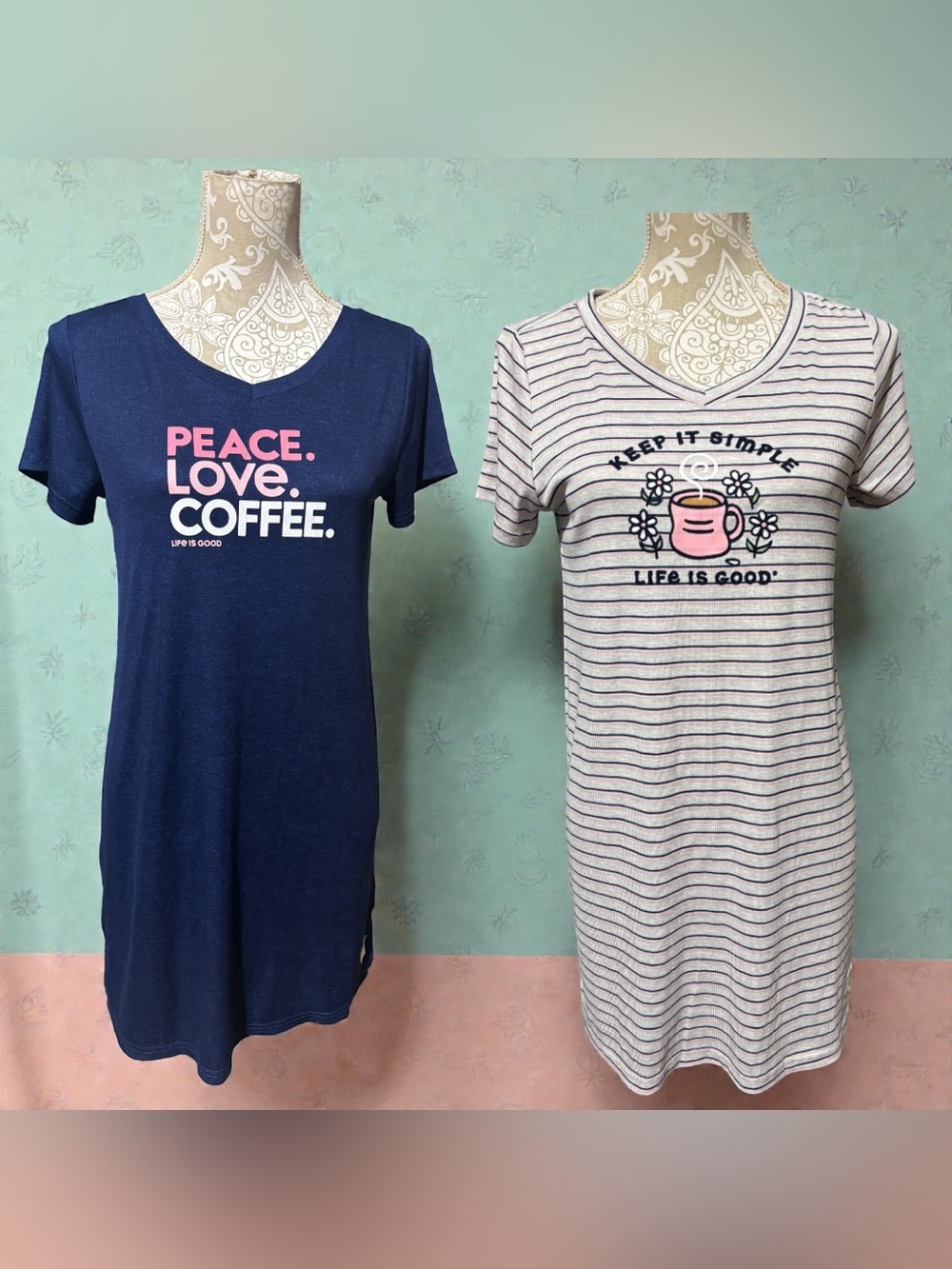 Set of 2 Life is Good Graphic Nightshirt — Navy & Stripe Coffee Designs Sz Small